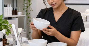 Professional facial bowls and spa treatment supplies arranged for esthetician facial services