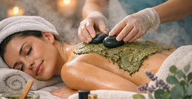 A calming spa treatment scene showcasing hands performing a gentle massage on a client’s back, symbolizing relaxation and anti-inflammatory care.