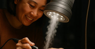 Modern nail salon with proper ventilation system and happy client receiving manicure