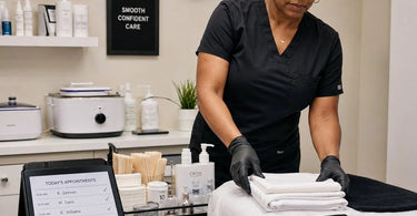 A woman smiling while using a tablet, with a full daily appointment schedule on a clipboard, illustrating a busy day in a spa.