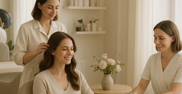 Salon owner reading online reviews on laptop with mixed expressions, representing the value of both positive and negative customer feedback