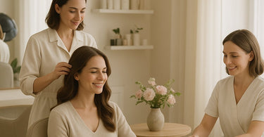 Salon owner reading online reviews on laptop with mixed expressions, representing the value of both positive and negative customer feedback