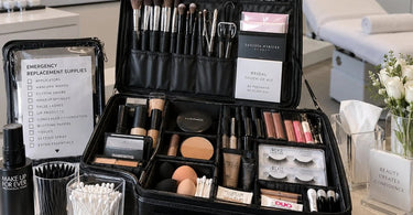 Professional bridal makeup kit featuring emergency replacement supplies including lipstick, blotting papers, and setting spray alongside Pure Spa Direct beauty products.
