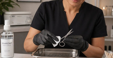 A professional brow artist's hand holding stainless steel brow scissors over a clean surface, symbolizing the importance of a dedicated cleaning routine for brow tools in a salon or spa setting.