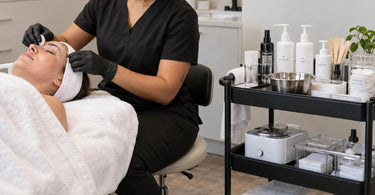 Adjustable height salon cart positioned beside a seated esthetician working on a client, demonstrating ergonomic cart height for seated spa and salon services