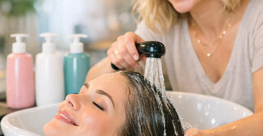 A visual comparison showing dull, frizzy hair affected by hard water next to shiny, smooth hair after using a chelating shampoo, with a bottle of professional chelating shampoo in the foreground.