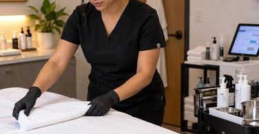 Professional spa treatment room being reset with clean towels, organized tools, and disinfected surfaces between client appointments
