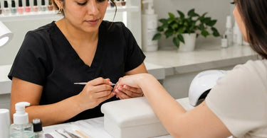 A client's arm is correctly positioned on a manicure table armrest, demonstrating the proper form for a relaxing and professional nail service.