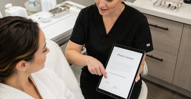 A stylist obtains a photo consent signature on a tablet, making the process easy and efficient while client confidentiality is respected.