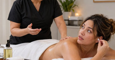 Spa and salon client adjusting an earbud during a professional beauty treatment, illustrating unexpected movement and the importance of client communication during services