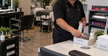 Salon professional wiping down a wax station with professional cleaners, with wax warmers and spatulas neatly organized for closing duties