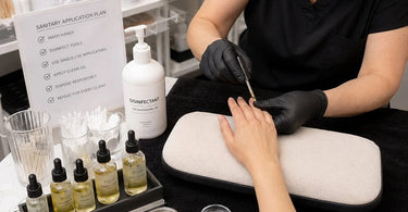 Close up of a manicurist using a single-use wooden stick to apply cuticle oil, highlighting a sanitary application plan in a professional nail salon.