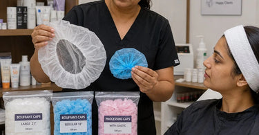 A variety of disposable bouffant and processing caps in different sizes for professional salon and spa use, showcasing the importance of choosing the right fit for client comfort.