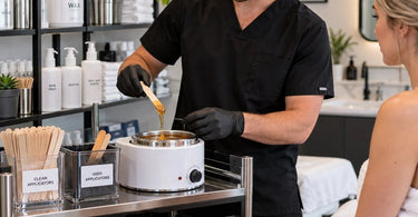 Professional waxing station organized with clean disposable applicators, wax warmer, and hygienic supplies to prevent double-dipping during salon waxing services