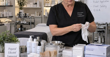 Beauty school educator demonstrating with backup consumables and training supplies for cosmetology and spa demonstrations