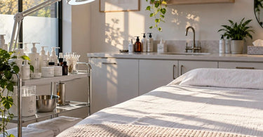 Clean professional spa treatment room with a massage table, folded towels, skincare supplies, and a welcoming atmosphere illustrating the causes of overnight treatment room odors