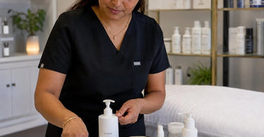 Esthetician preparing removal supplies like cotton, spatulas, and warm towels before applying a facial mask to a client.