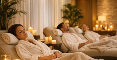 Serene luxury spa resting area with comfortable chaise lounges, soft lighting, and spa essentials, designed for post-treatment relaxation.
