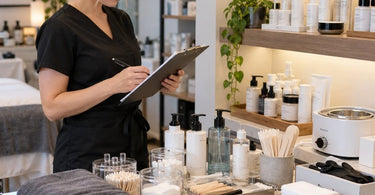 Professional spa and salon service station organized with standardized treatment supplies for efficient client services