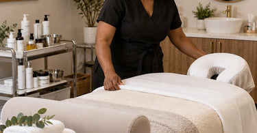 Professional esthetician arranging plush linens and a warming pad on a facial table in a spa treatment room