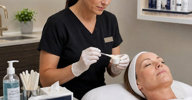 A clean and organized spa front desk sample station featuring sanitizer and disinfectant wipes, emphasizing the importance of sanitation.