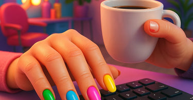 Close-up of flawless gel manicure with glossy finish being cured under LED lamp