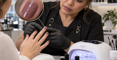 Professional gel polish manicure showing wrinkling and uneven texture after UV LED lamp curing, illustrating common gel application and curing problems