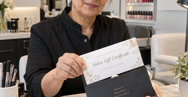 Elegant spa gift certificate presentation with ribbon and branded envelope on a reception counter