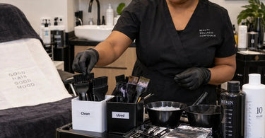 Hair color cart with clean and used brush separation system featuring labeled containers for salon hygiene and organization