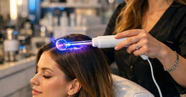 A professional high-frequency therapy machine with a comb electrode being used on a client's scalp in a modern hair salon, showcasing the gentle violet glow and the relaxing treatment experience.