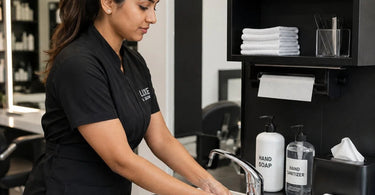 Image showing the importance of handwashing supplies in a professional spa and salon setting, featuring soap, sanitizer, and protective gloves.