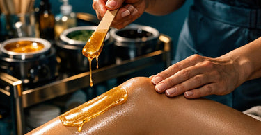 A professional esthetician holding a spatula and examining a strip of hard wax that has cracked and failed to remove hair properly, illustrating common hard wax problems in a salon setting.