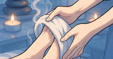 A spa professional wrapping a client's feet in warm, fragrant towels after a pedicure