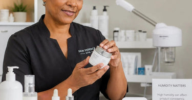 A collage showing a facial steamer and skincare products affected by humidity changes, with a dehumidifier and a Pure Spa Direct logo.