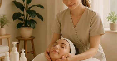 A focused female esthetician performing a gentle facial treatment on a relaxed client in a serene, professional spa setting