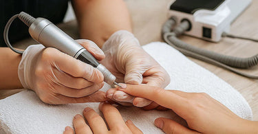 Professional electric nail file in use at a salon, showing precision filing on acrylic nails
