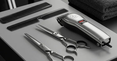 Professional hair clippers and scissors displayed on a salon table