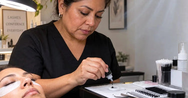 Professional lash adhesive and eyelash extension workstation near an air conditioning vent illustrating how airflow, temperature, and humidity affect lash glue curing and retention