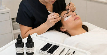 Lash artist examining a fresh bottle of eyelash extension adhesive, emphasizing the importance of a clear replacement schedule for optimal retention.