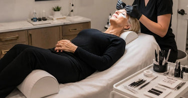 Woman receiving a lash extension treatment on a professional lash bed with ergonomic neck and knee support.