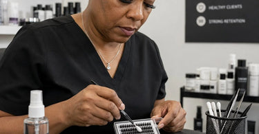 Close-up of a professional lash artist carefully cleaning the intake area of a lash fan with specialized tools and cleanser.