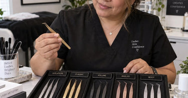 Lash artist's organized workstation with tweezers arranged by function including isolation, volume, and detail tweezers in a vertical holder on a clean spa cart