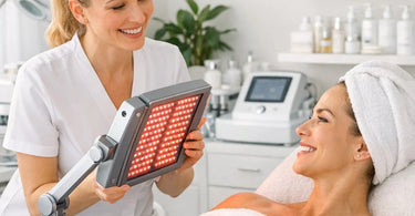 Woman receiving LED light therapy facial treatment at professional spa with futuristic mask