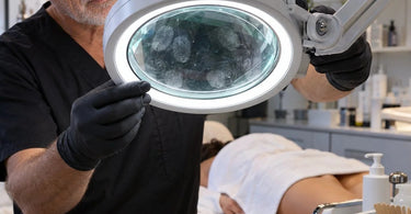 Professional spa magnifying lamp showing fingerprints and smudges on the viewing lens, illustrating magnifying lamp cleaning and maintenance for estheticians