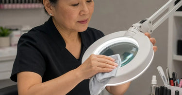 A professional esthetician's hands cleaning the glass lens of a magnifying lamp with a microfiber cloth in a spa treatment room, emphasizing the importance of lens hygiene for clear skin analysis and treatments.