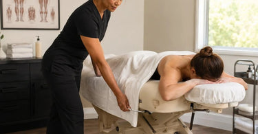 A collage showing the importance of massage table height adjustment for therapist ergonomics, featuring the Pure Spa Direct logo and a therapist adjusting an electric massage table.