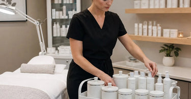 An organized spa station featuring a set of matching containers for various beauty supplies, creating a professional and calm atmosphere.