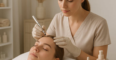 Before and after photos of microblading and brow lamination treatments showing dramatic transformations