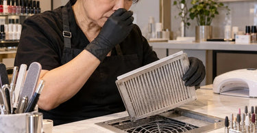 Professional nail dust collector at a clean manicure station illustrating hidden filter buildup, trapped nail filing debris, and causes of persistent collector odors in nail salons
