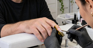 Professional nail sculpting form positioned beneath a natural fingernail showing the sidewall fit and alignment needed for acrylic and gel extensions